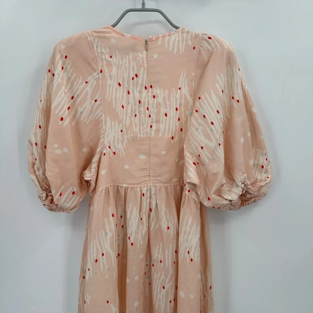 Hunter Bell Abstract Coral Palmer Linen Maxi Dress size XS Puff Sleeve Tiered - Picture 15 of 16